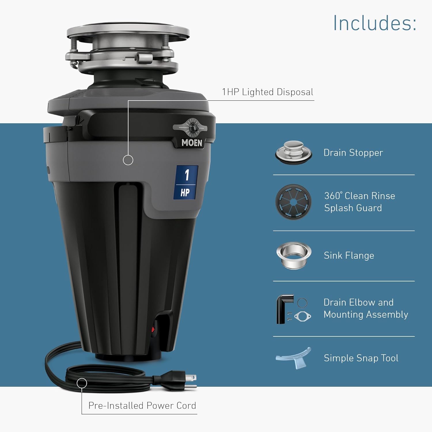 Moen Chef Series 1 HP Continuous Feed Lighted Garbage Disposal with Sound Reduction for Under Sink