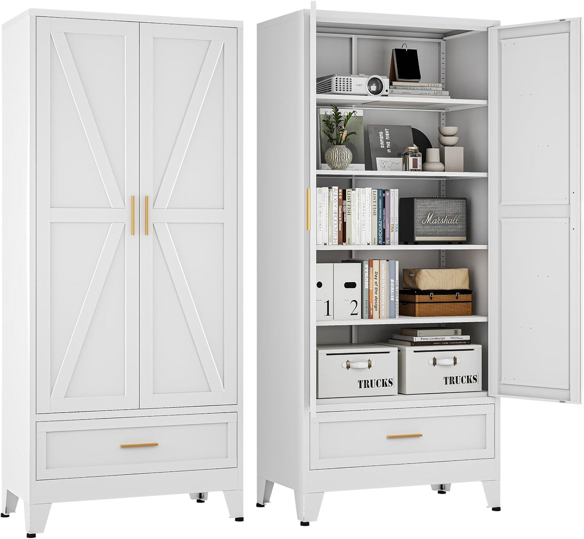 71 "Farmhouse Metal Filing Cabinet with a Drawer and 4 Adjustable Shelves, with 2 Large barn Door