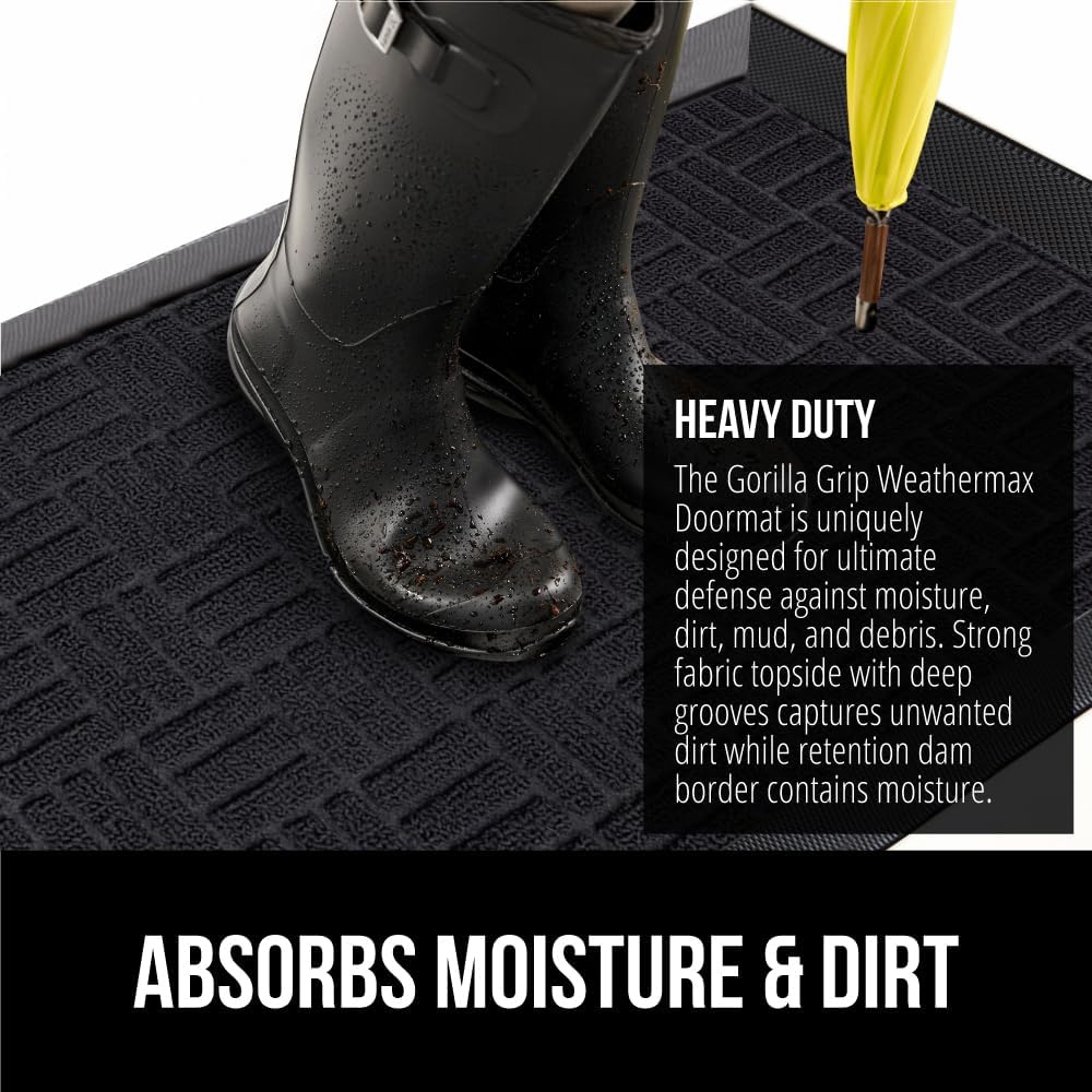 GORILLA GRIP 100% Waterproof All-Season WeatherMax Doormat, 47x35, US Designed Natural Rubber