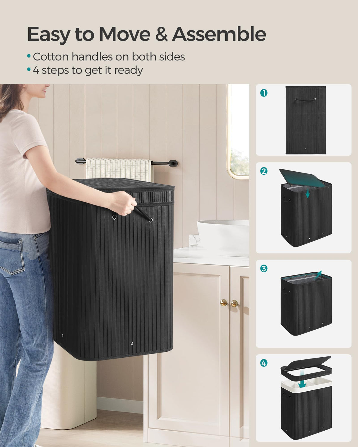 SONGMICS Laundry Hamper with Lid, Bamboo Laundry Basket, Removable Machine Washable Laundry Basket