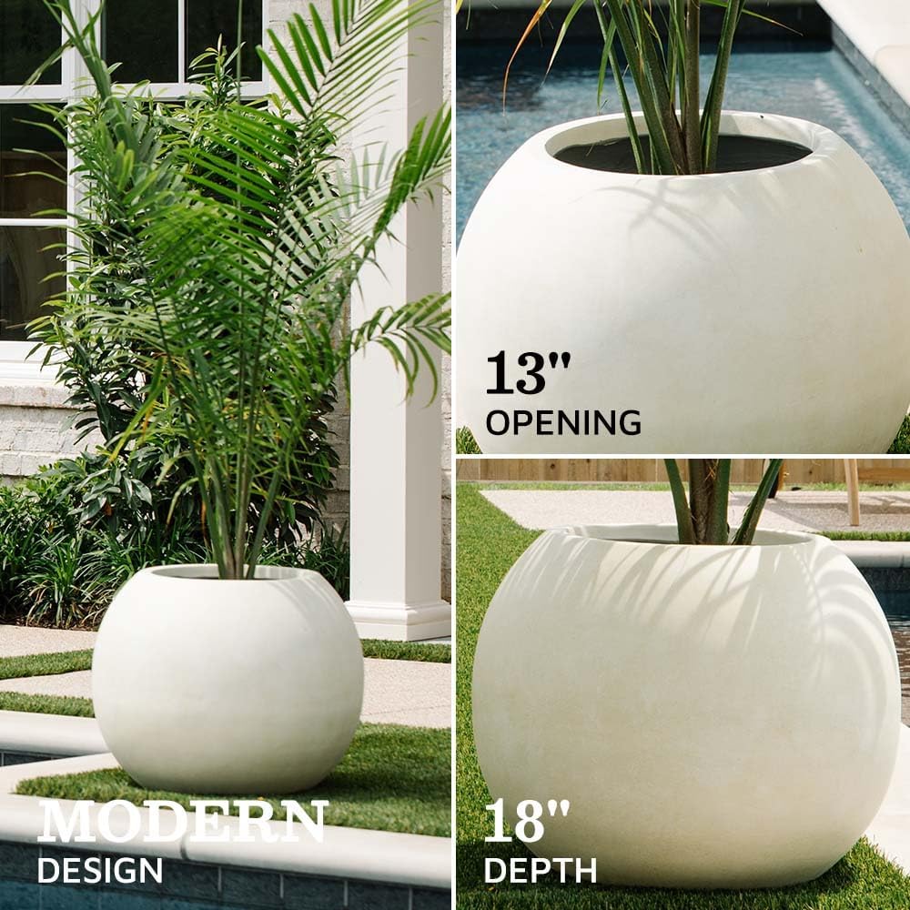 Ash & Ember Onyx 24" D Ceramic Indoor Outdoor Round Sphere Planter, Satin Ivory, Home Décor