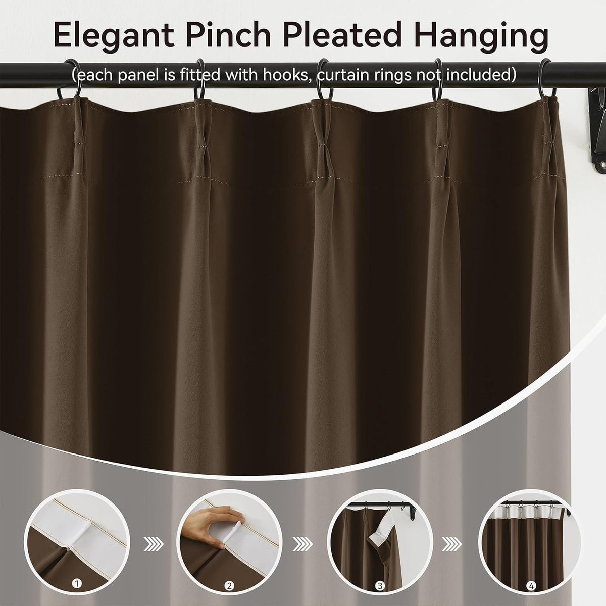 KangBang Brown Pinch Pleated Blackout Curtains 108 Inches Long for Hall Windows, Sound Dampening
