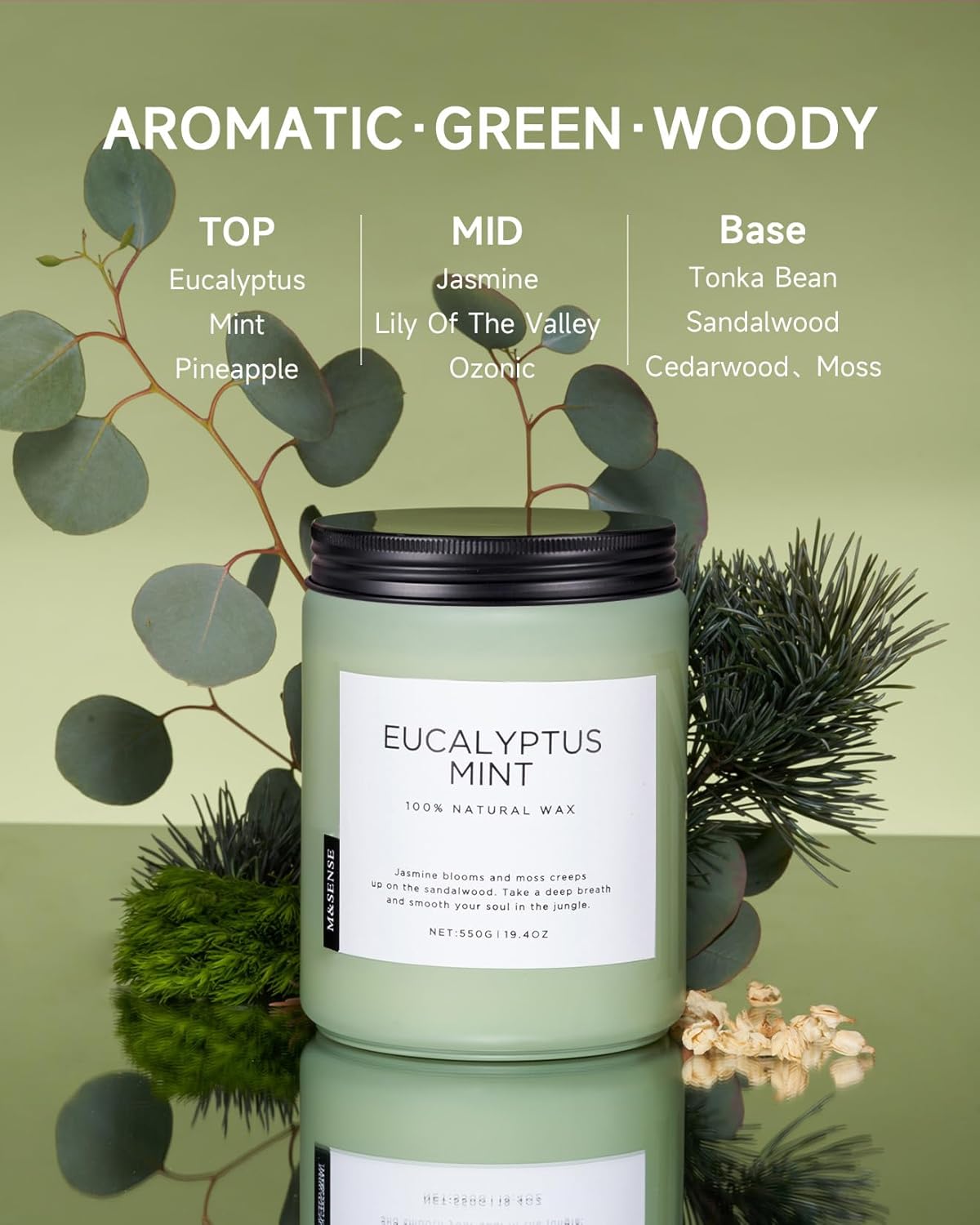 M&SENSE Eucalyptus & Mint Candles for Home Scented, 19.4oz 110 Hours Burn Soy Aromatherapy Candle