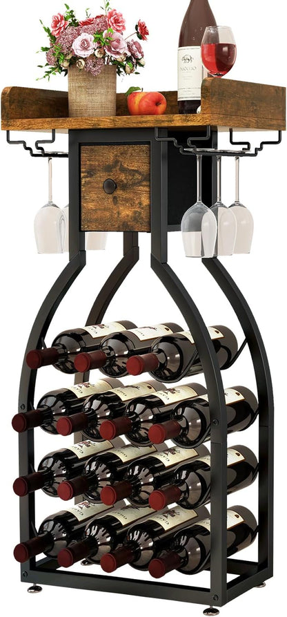 IBUYKE Wine Rack Freestanding Floor,Wine Storage 15 Bottles Bottle Rack with Glass Holders, Mini