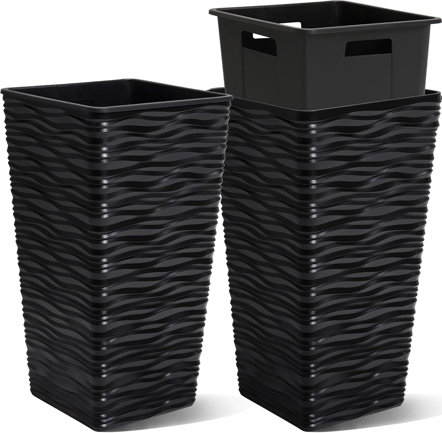 Worth Garden 2-Pack 22" H. Black Square Tapered Planter with Inside Pots - Plastic Plant Pots for