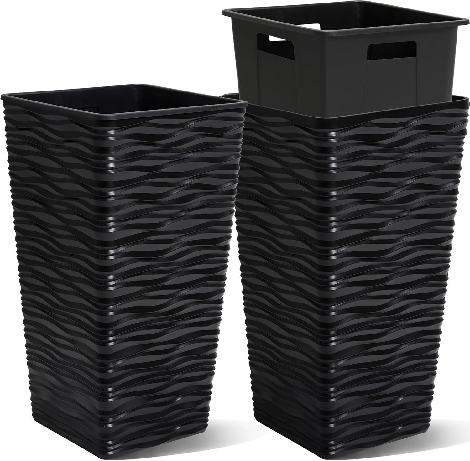 Worth Garden 2-Pack 22" H. Black Square Tapered Planter with Inside Pots - Plastic Plant Pots for