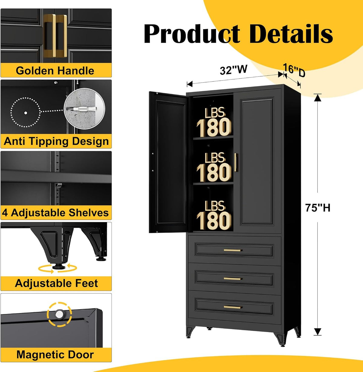 75" Kitchen Pantry Cabinet with 3 Drawers,Metal Storage Cabinets with Doors and 4 Adjustable