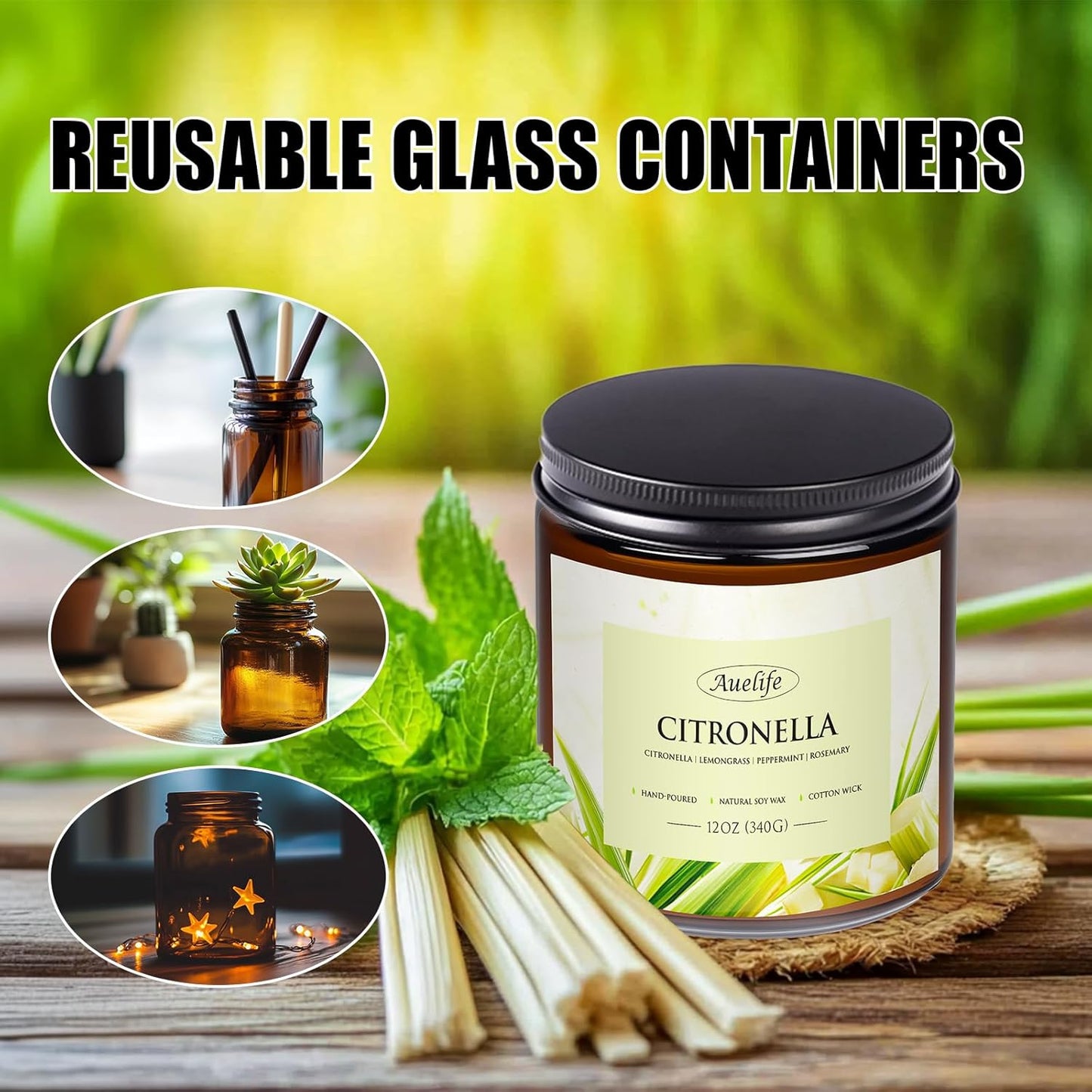 Auelife Citronella Candles Outdoor, 12oz Large 3-Wick Candle for Outside Patio Camping & Garden