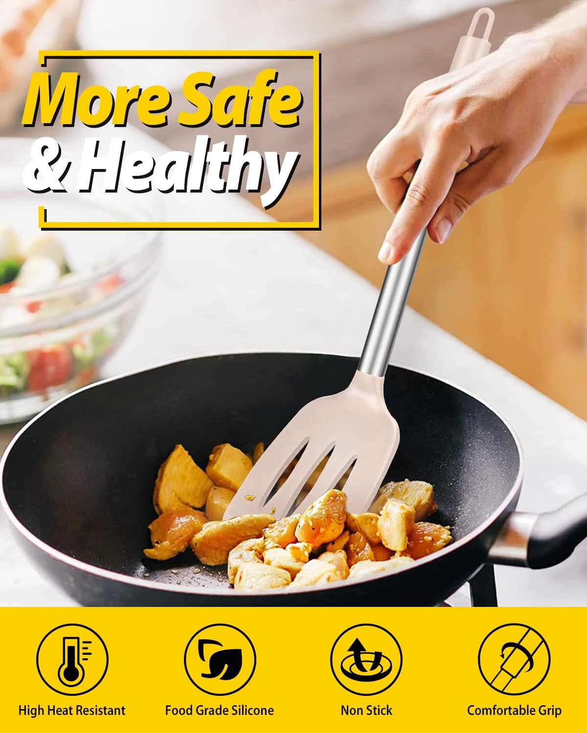 Pack of 2 Silicone Solid Turner, Non Stick Slotted Kitchen Spatulas, High Heat Resistant BPA Free