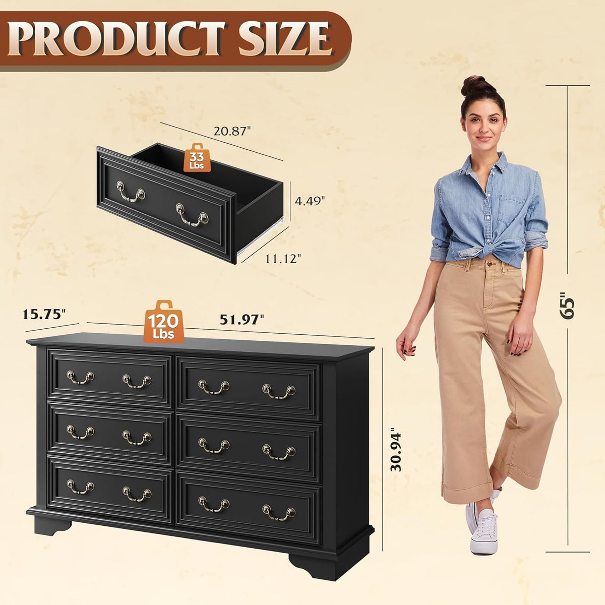 WLIVE Farmhouse Dresser for Bedroom, 51.97'' Wide Wood 6 Drawer Dresser, Chest of Drawers with