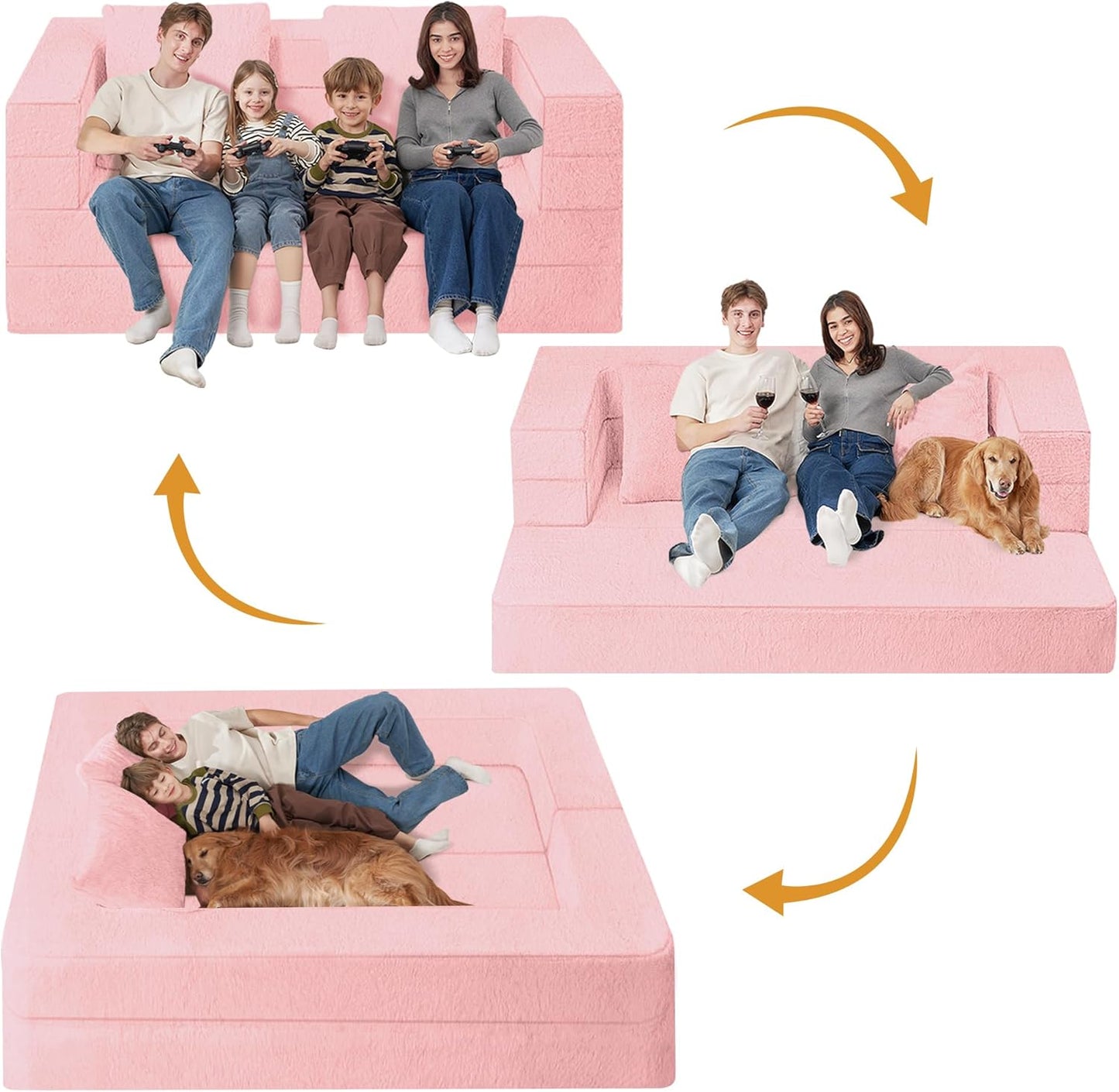 Folding Bean Bag Chair for Adults,3-in-1 Bean Bag Couch Faux Fur Floor Sofa Large Beanbag