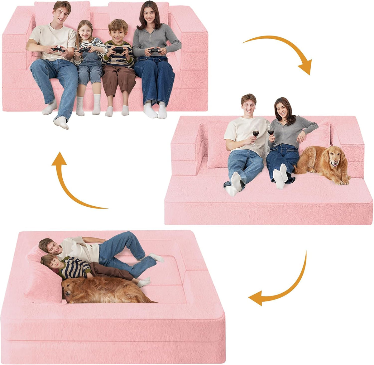 Folding Bean Bag Chair for Adults,3-in-1 Bean Bag Couch Faux Fur Floor Sofa Large Beanbag