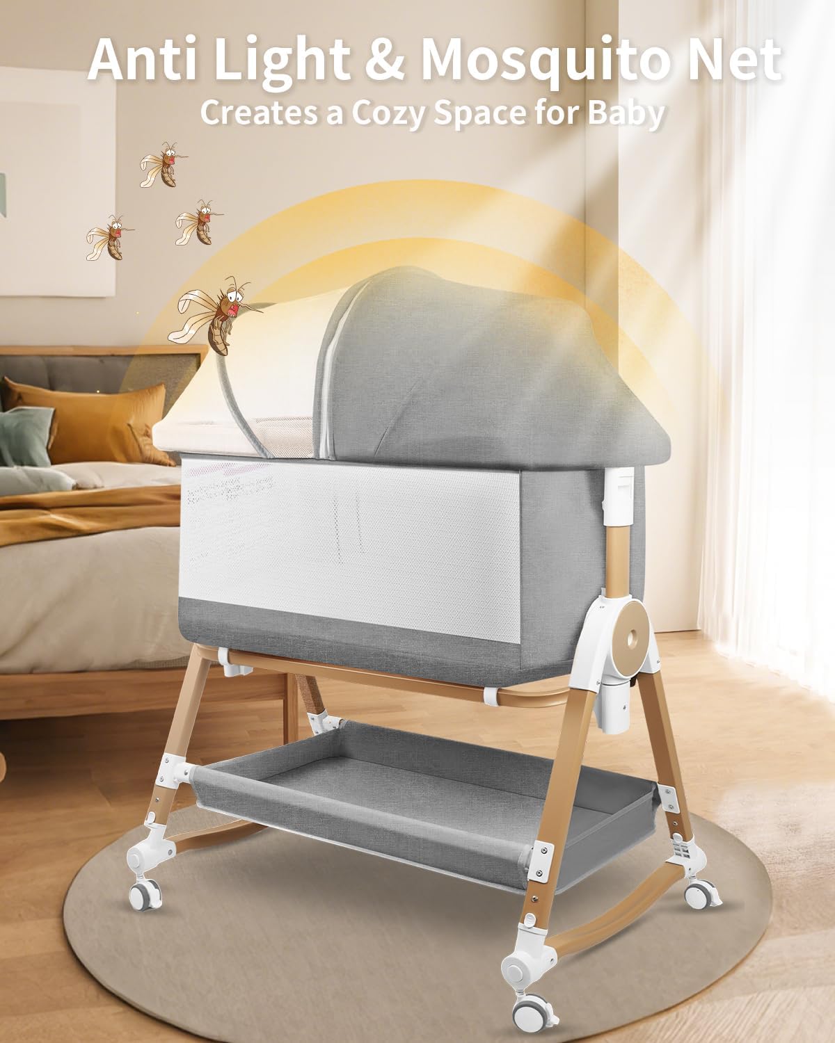4 in 1 Baby Bassinet, Bassinets Bedside Sleeper with Wheels and Storage Basket, Adjustable 7