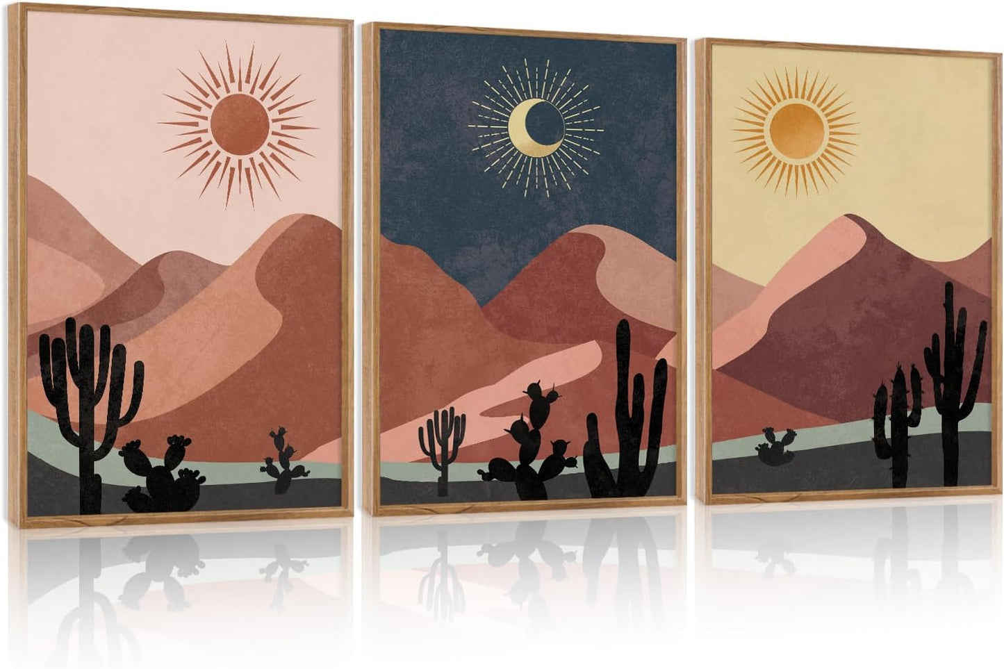 HPNIUB Boho Desert Framed Canvas Wall Art Set, Abstract Sun Moon Art Prints, Modern Cactus