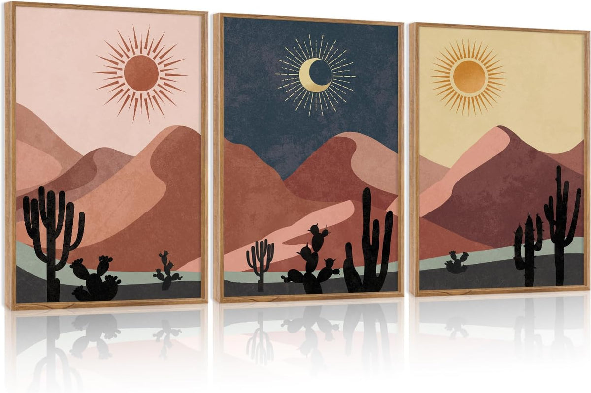 HPNIUB Boho Desert Framed Canvas Wall Art Set, Abstract Sun Moon Art Prints, Modern Cactus