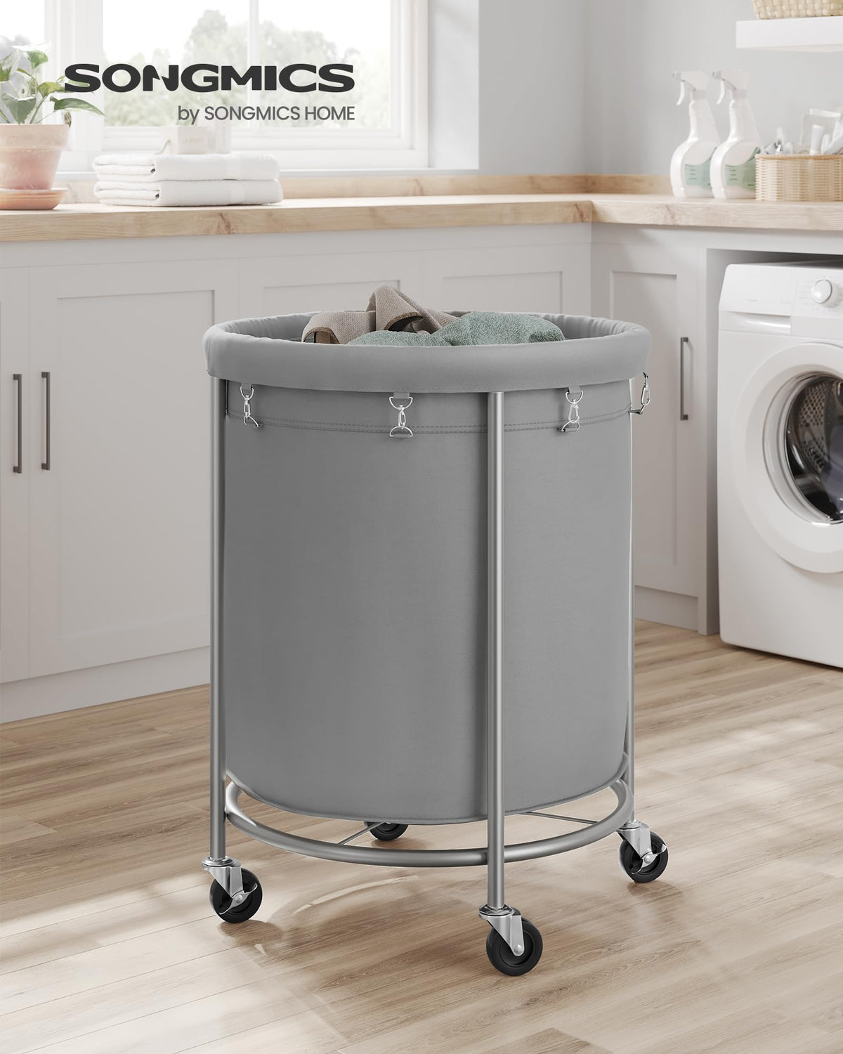 SONGMICS Laundry Basket, Rolling Steel Frame with 2 Locking Wheels, 190 L