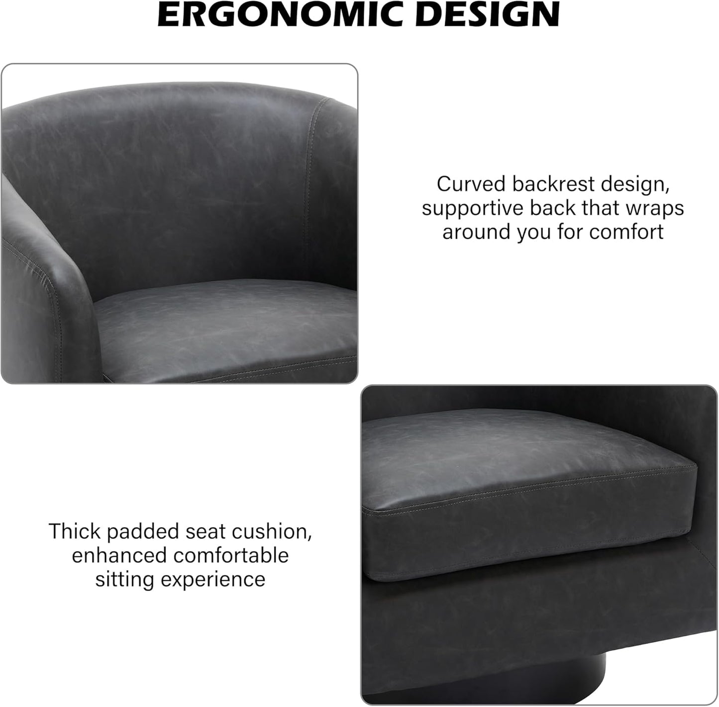 Swivel Barrel Accent Chair, Modern Round Faux Leather Arm Chair for Living Room, Bedroom, Comfy