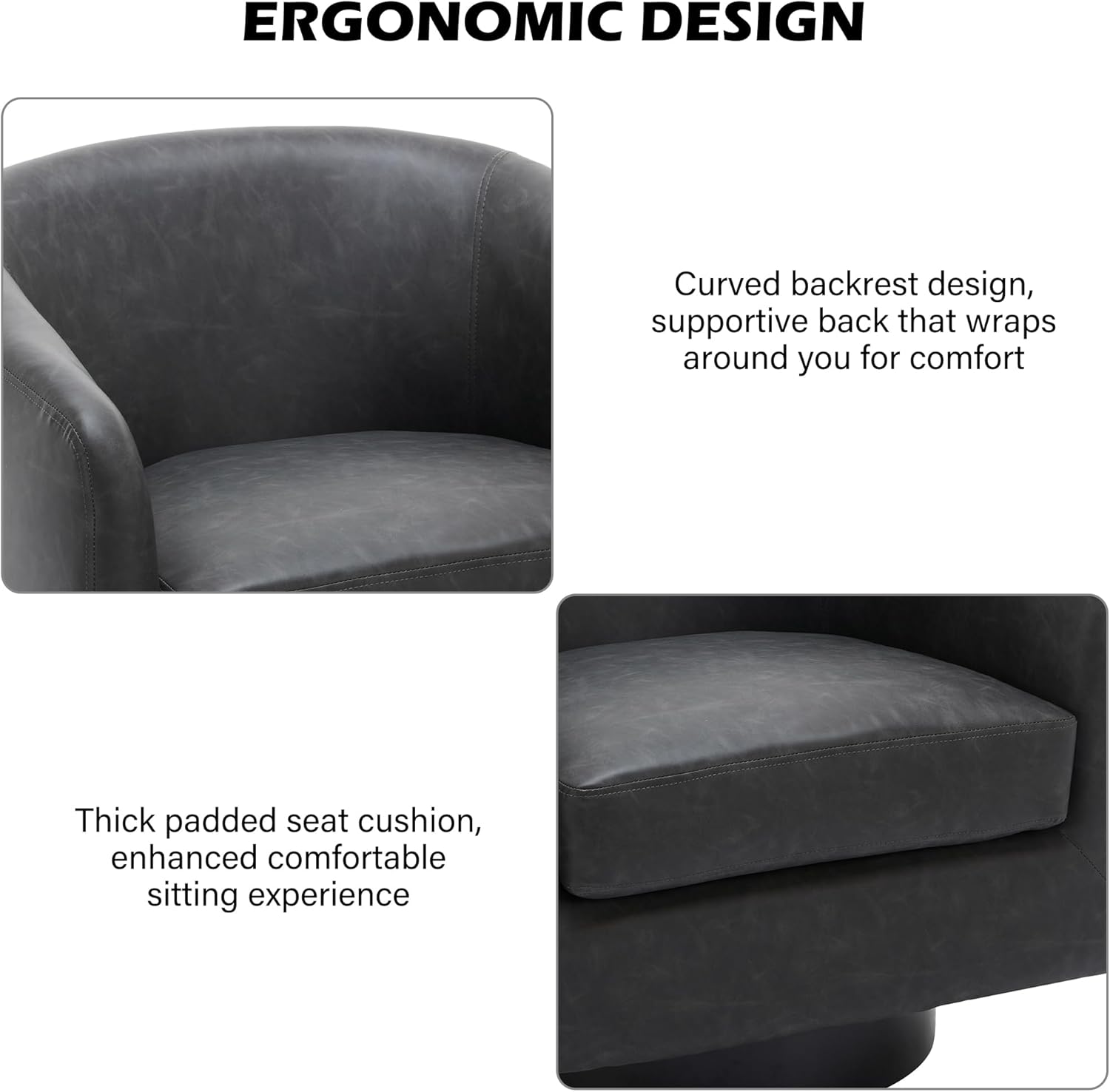 Swivel Barrel Accent Chair, Modern Round Faux Leather Arm Chair for Living Room, Bedroom, Comfy