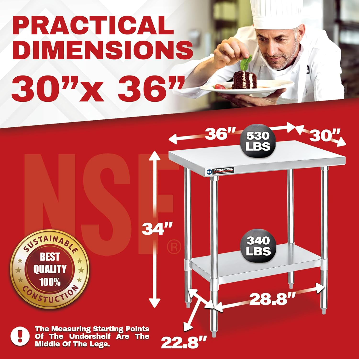 DuraSteel 30x36 Stainless Steel Work Table - NSF Commercial Prep Metal Table - Outdoor Pizza Oven