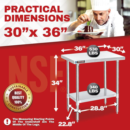 DuraSteel 30x36 Stainless Steel Work Table - NSF Commercial Prep Metal Table - Outdoor Pizza Oven