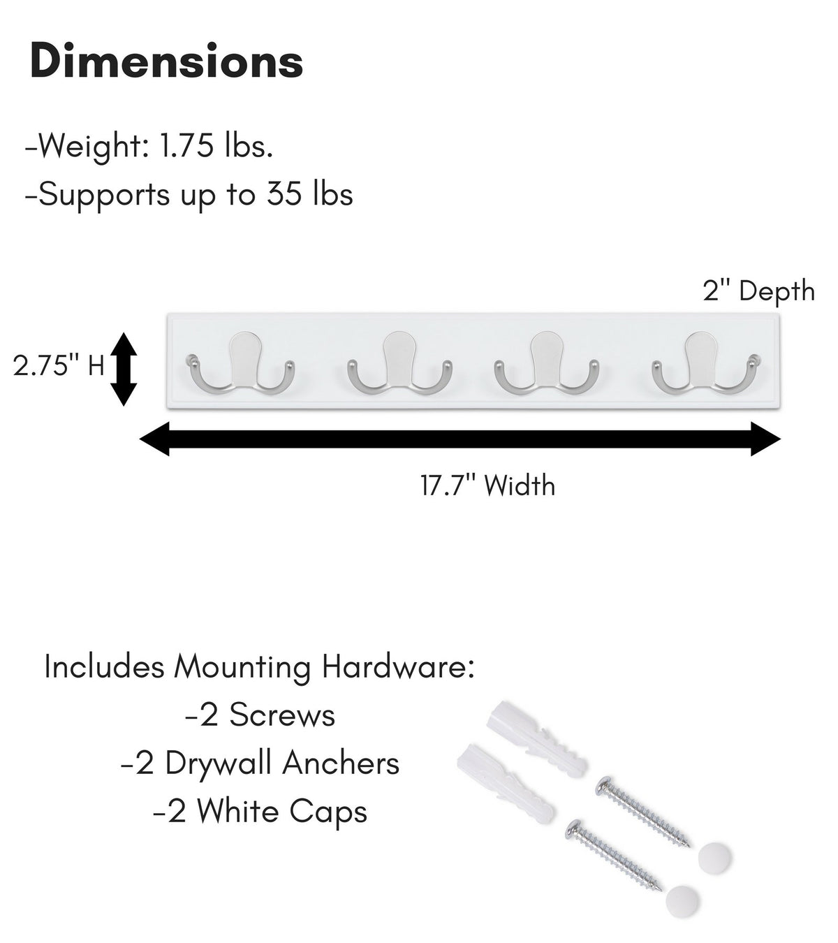 BIRDROCK HOME Dual Hook Coat Rack | 4 Dual Hooks | Wall Mounted Hat Key Rack Rail | Satin Nickel