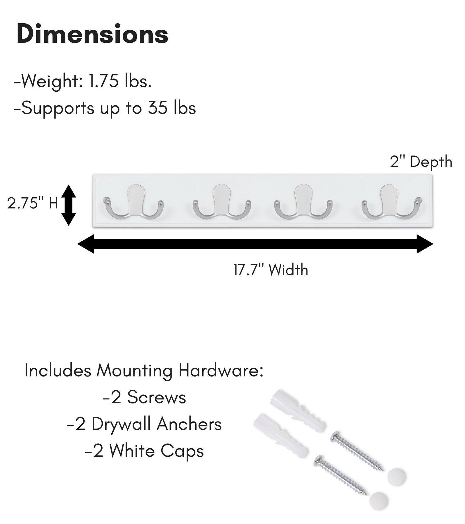 BIRDROCK HOME Dual Hook Coat Rack | 4 Dual Hooks | Wall Mounted Hat Key Rack Rail | Satin Nickel