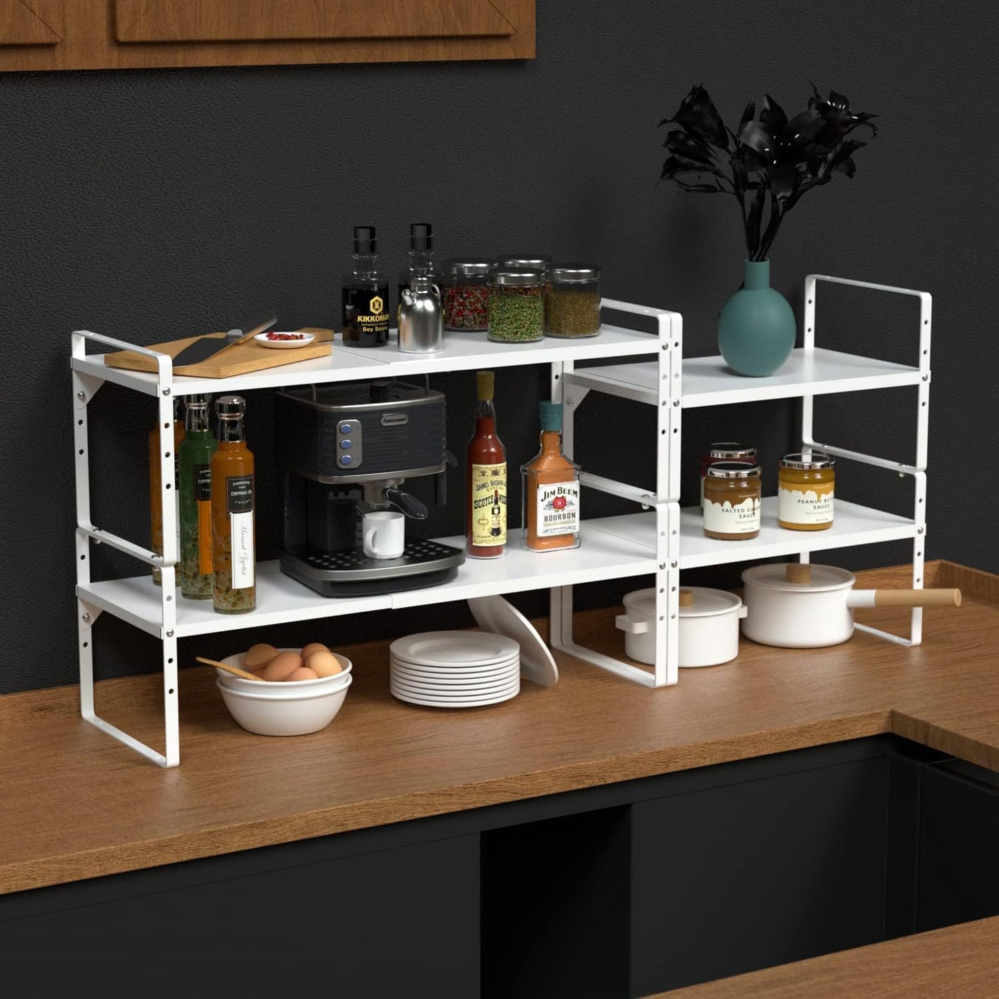 Expandable Cabinet Shelf Organizer, Stackable Kitchen Pantry Counter Storage, Adjustable Closet