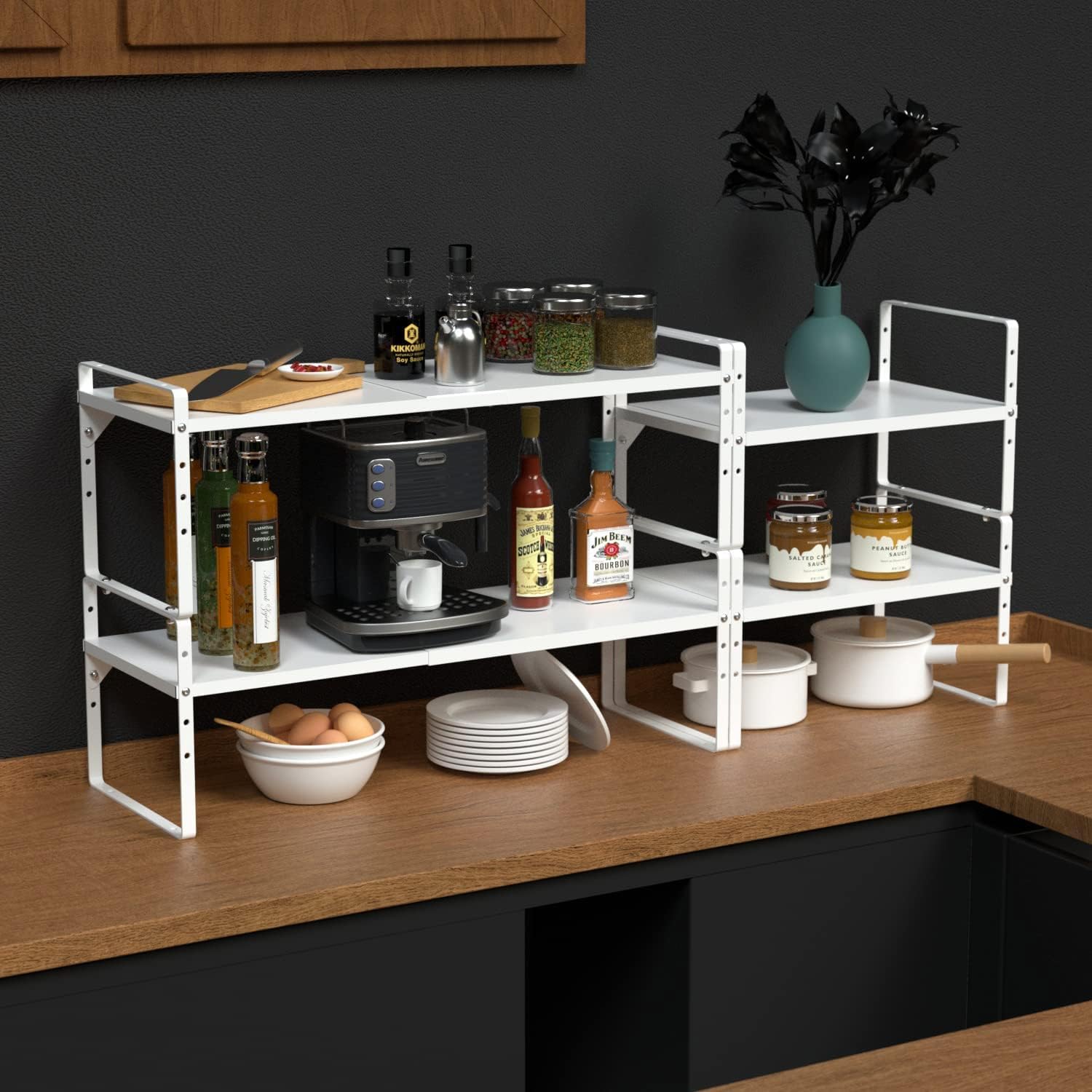 Expandable Cabinet Shelf Organizer, Stackable Kitchen Pantry Counter Storage, Adjustable Closet