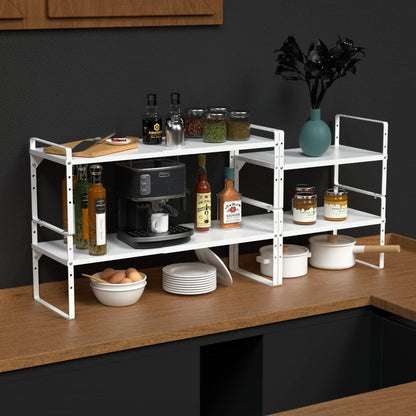 Expandable Cabinet Shelf Organizer, Stackable Kitchen Pantry Counter Storage, Adjustable Closet