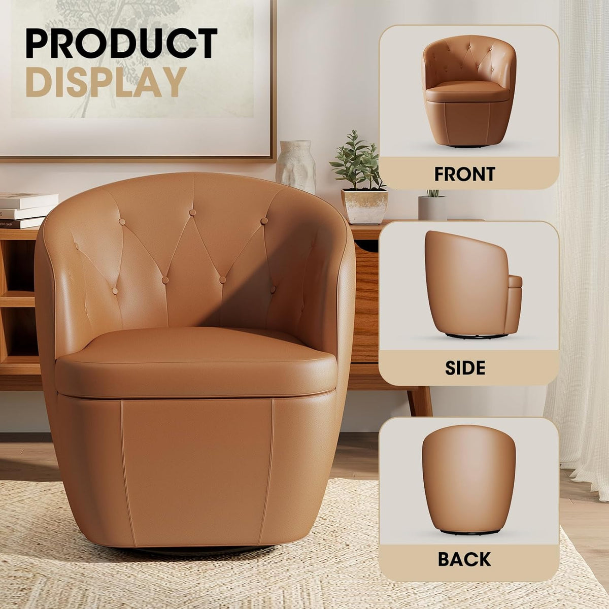 360° Swivel Leather Accent Chair, Modern Barrel Club Chair with Leather Upholstery and Sturdy Base