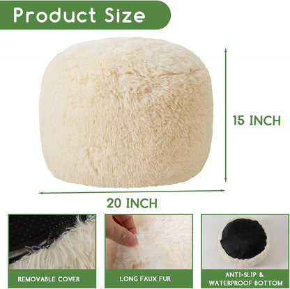 HIGOGOGO Round Stuffed Pouf Ottoman, Long Faux Fur Poufs with Foam Chunk Filling, Fluffy and Furry