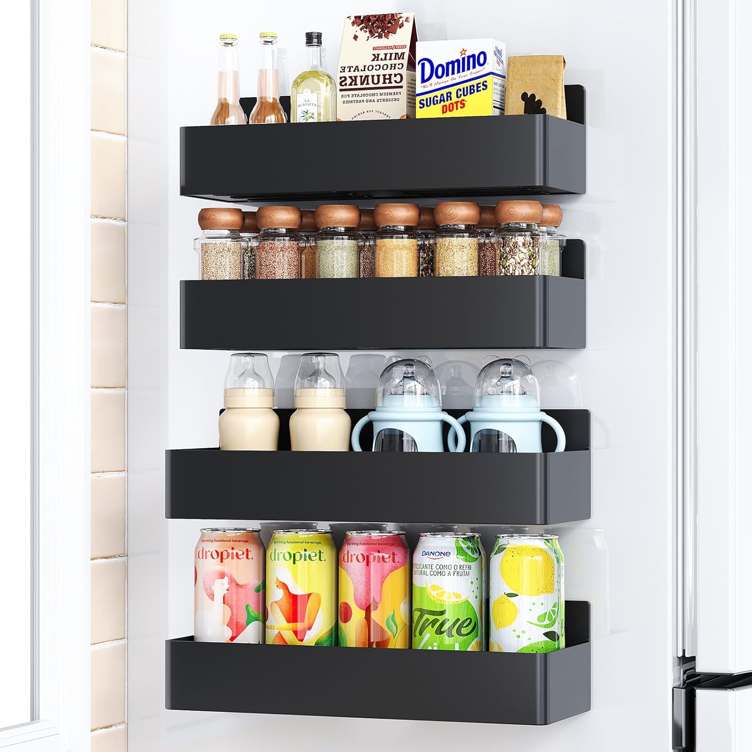 Magnetic Spice Rack for Refrigerator, Kitchen Organizer and Storage Shelf, Black (4 Pack)…