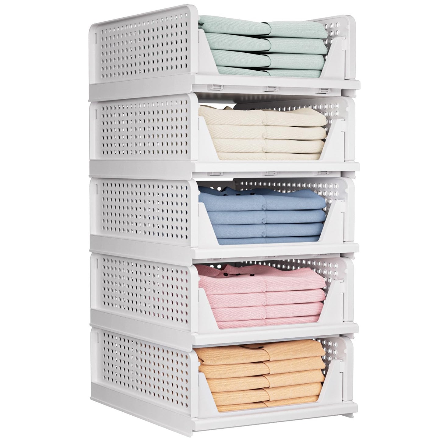 5 Pack Folding Closet Organizers Storage Box, Stackable Storage Bins, Plastic Drawer Basket Closet
