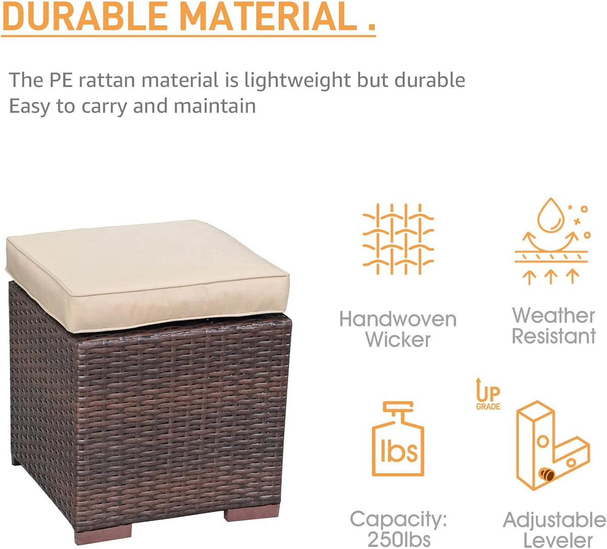Patiorama 2 Pieces Assembled Outdoor Patio Ottoman, Indoor Outdoor All-Weather Dark Brown Wicker