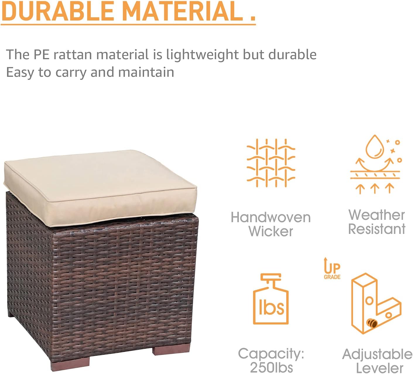 Patiorama 2 Pieces Assembled Outdoor Patio Ottoman, Indoor Outdoor All-Weather Dark Brown Wicker
