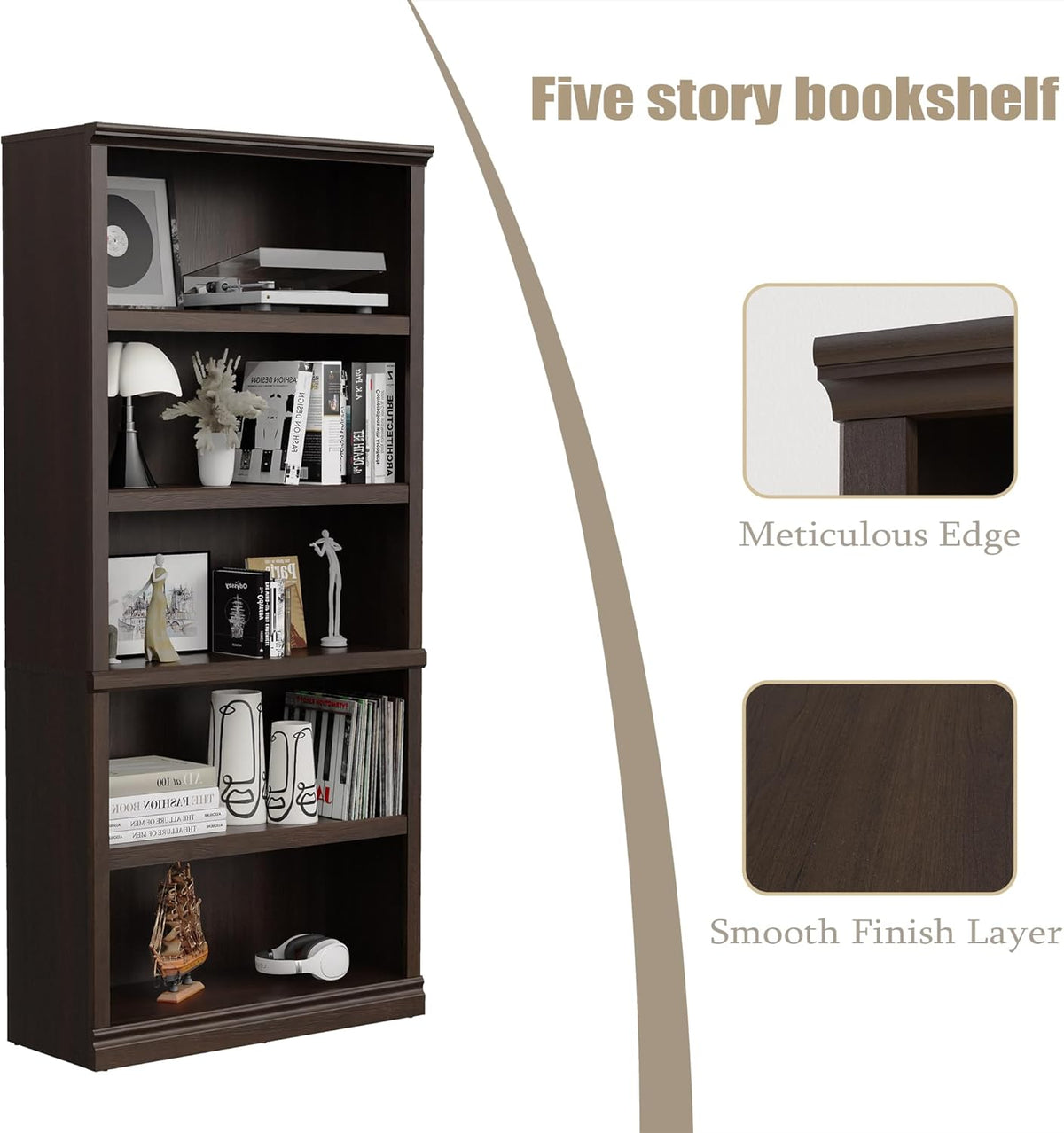 Bookshelf, Open Storage 70 Inch Tall 5 Shelf Bookcase, Floor Standing Bookshelves and Bookcases