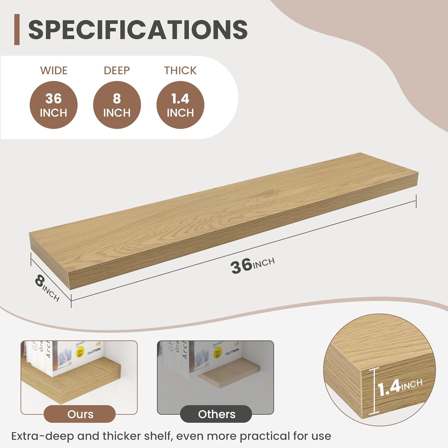 36 Inch Floating Shelves, 8 Inch Deep Floating Shelves for Wall, Hanging Shelf with Invisible