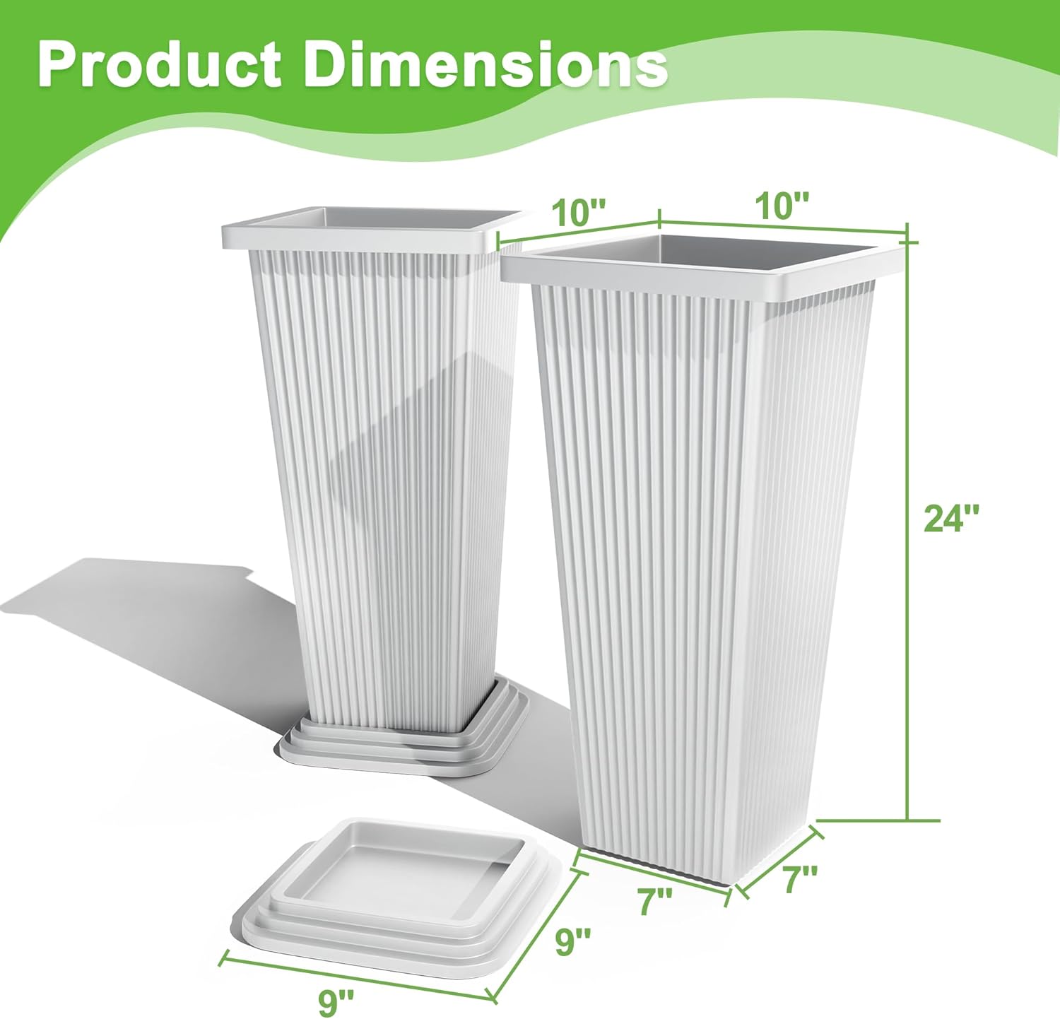 FENCY Set of 2 Tall Planters for Outdoor Plants, 24 Inch Large Tapered Pots with Drainage Trays