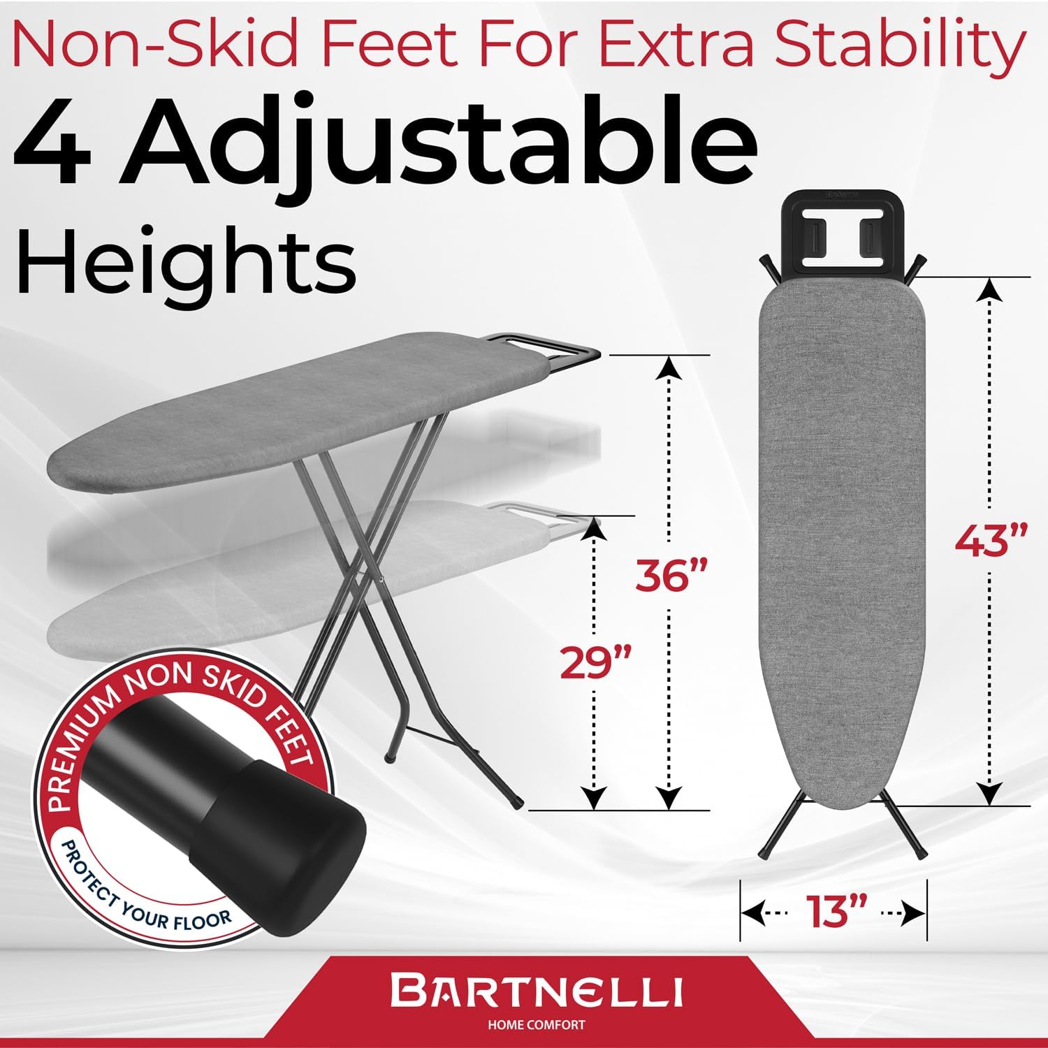 Bartnelli Ironing Board Made in Europe | Iron Board with 4 Layered Cover & Pad, Height Adjustable