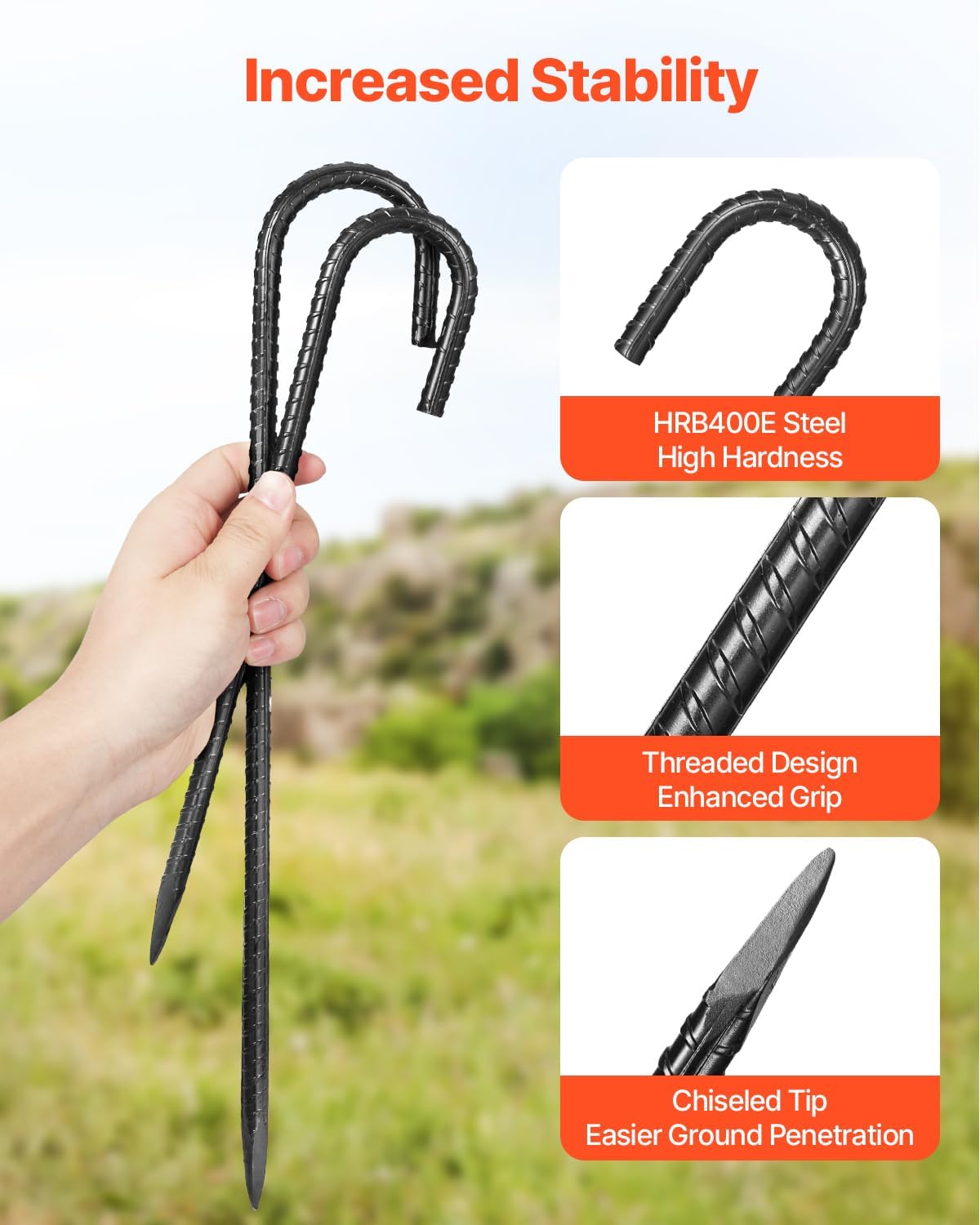 VEVOR Rebar Stakes, 12-Inch, Heavy-Duty 0.4 in Diameter J Hook, Galvanized Steel Ground Anchors