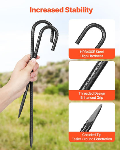 VEVOR Rebar Stakes, 12-Inch, Heavy-Duty 0.4 in Diameter J Hook, Galvanized Steel Ground Anchors