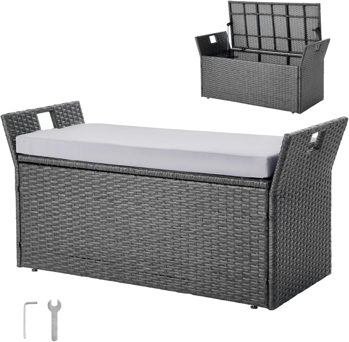 VEVOR Outdoor Storage Bench, 2-Person PE Rattan Storage Bench, 40 Gal Deck Box with Cushion & Side