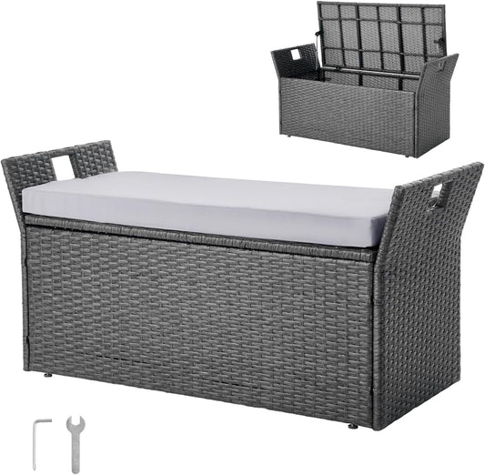 VEVOR Outdoor Storage Bench, 2-Person PE Rattan Storage Bench, 40 Gal Deck Box with Cushion & Side