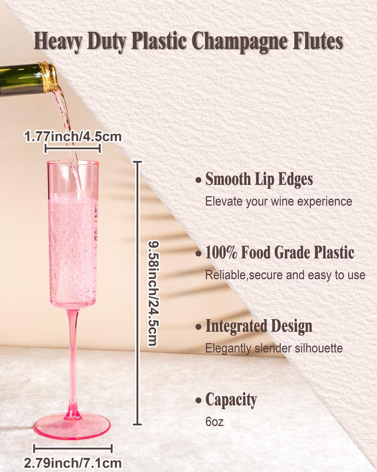 Ciaell 24 Pack Pink Plastic Champagne Flutes - Pink 6 Oz Disposable Champagne Glasses - Square