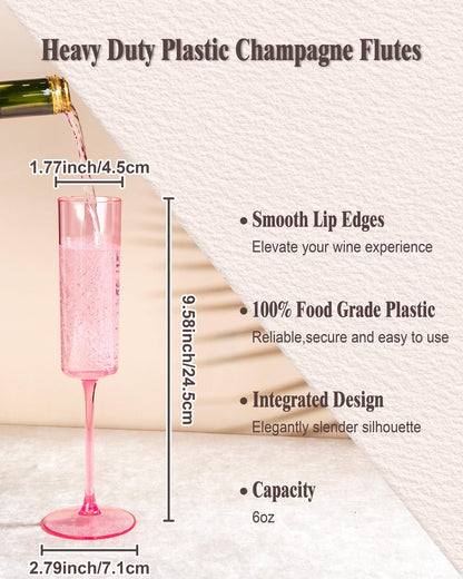 Ciaell 24 Pack Pink Plastic Champagne Flutes - Pink 6 Oz Disposable Champagne Glasses - Square