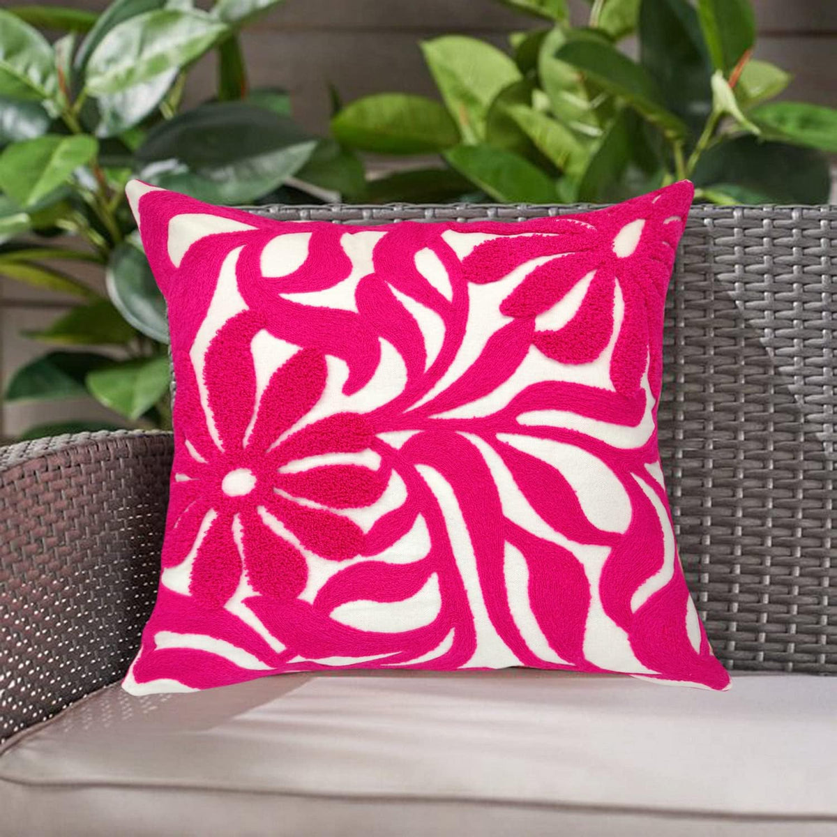 Alysheer Farmhouse Floral Leaves Embroidered Decorative Throw Pillow Cover 18x18 inches, Boho