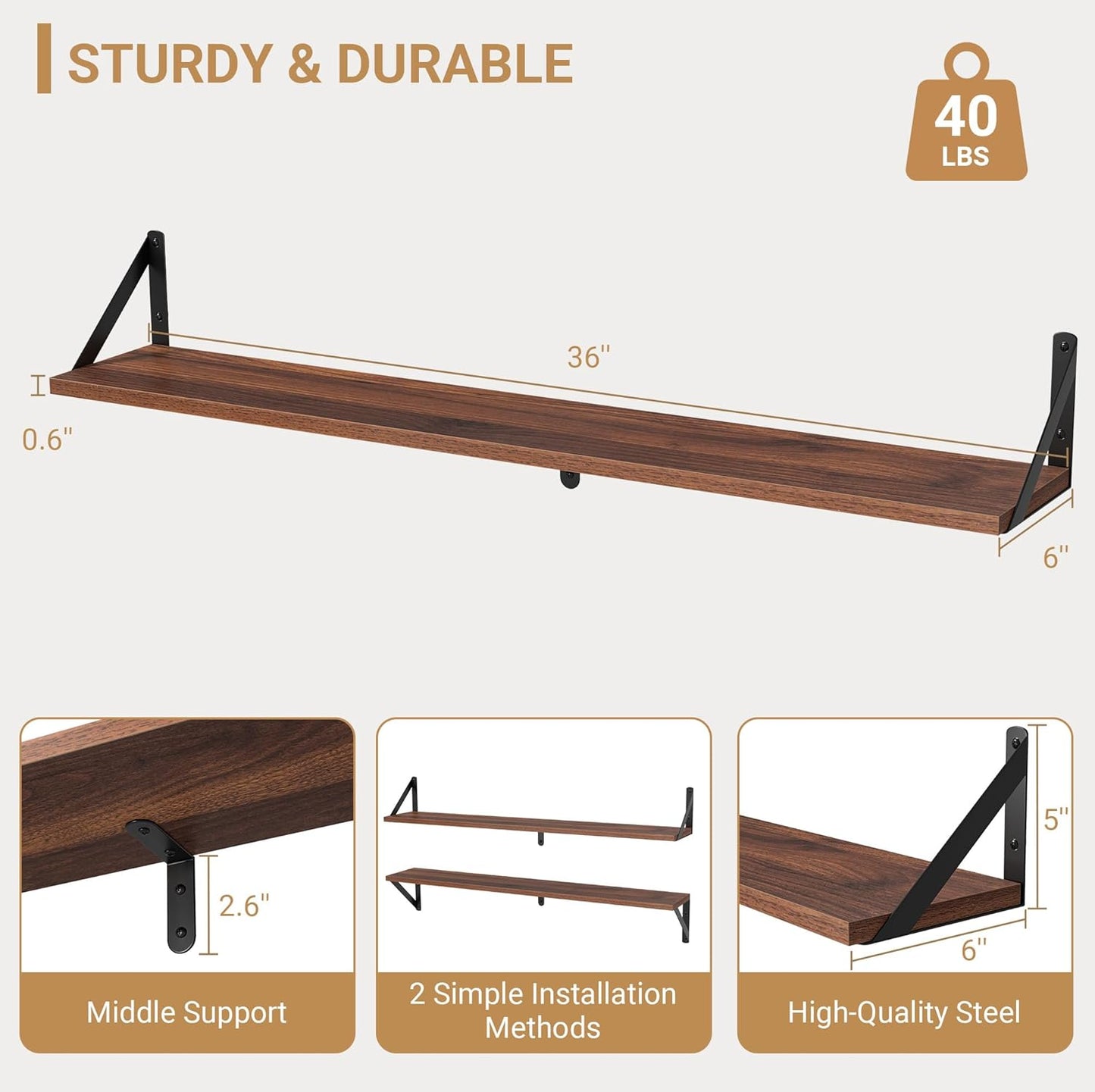 Heimlove Floating Shelves for Wall, 36 Inch Long Wood Floating Bookshelf Set of 3, Wall Mounted