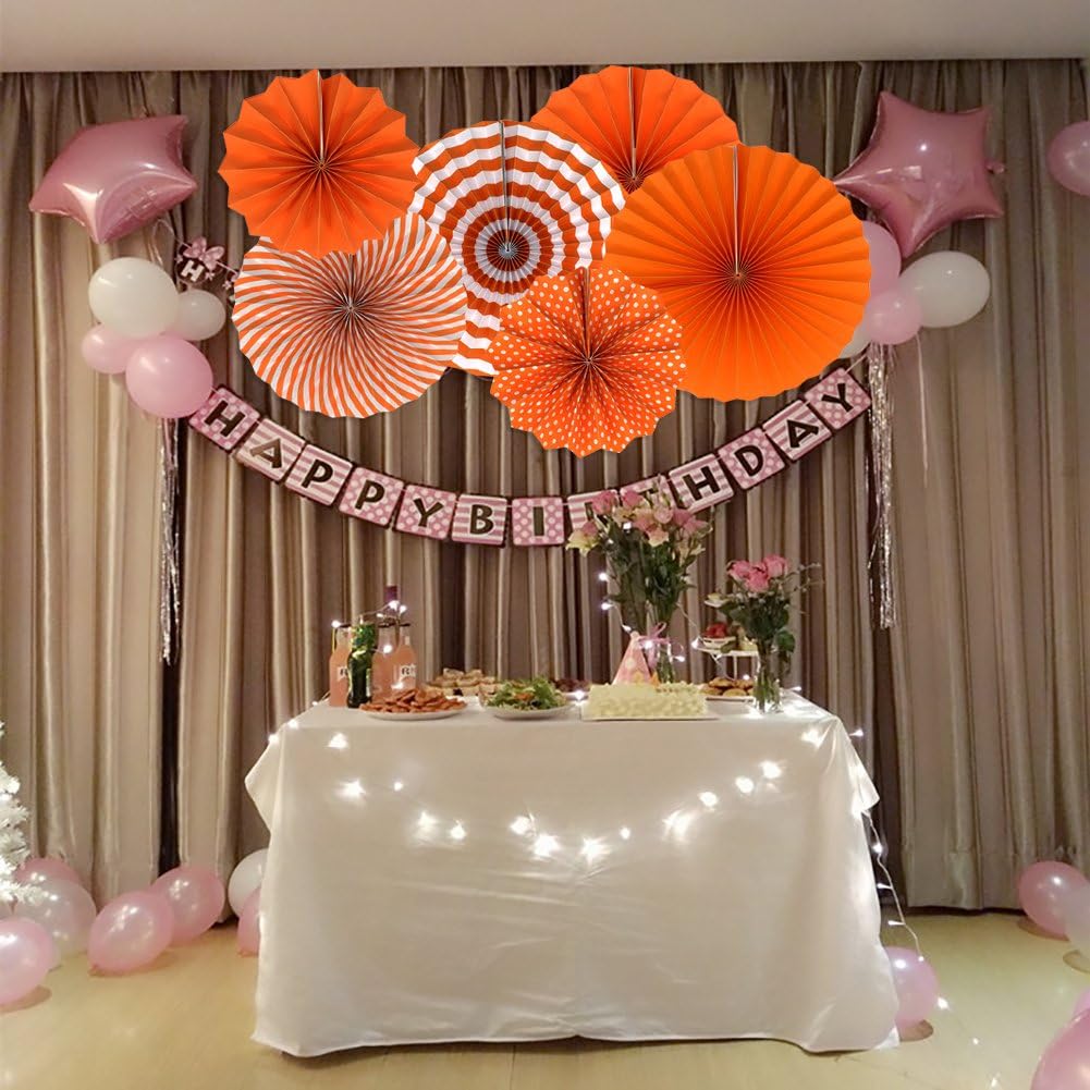 Party Hanging Paper Fans Set, Orange Round Pattern Paper Garlands Decoration for Birthday Wedding