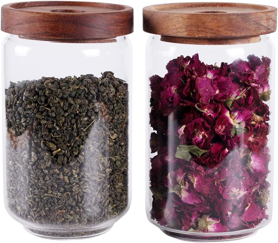 Glass Tea Canister, 25 FL OZ/ 750ml Bulk Food Storage Jar with Airtight Acacia Lid, Glass Food