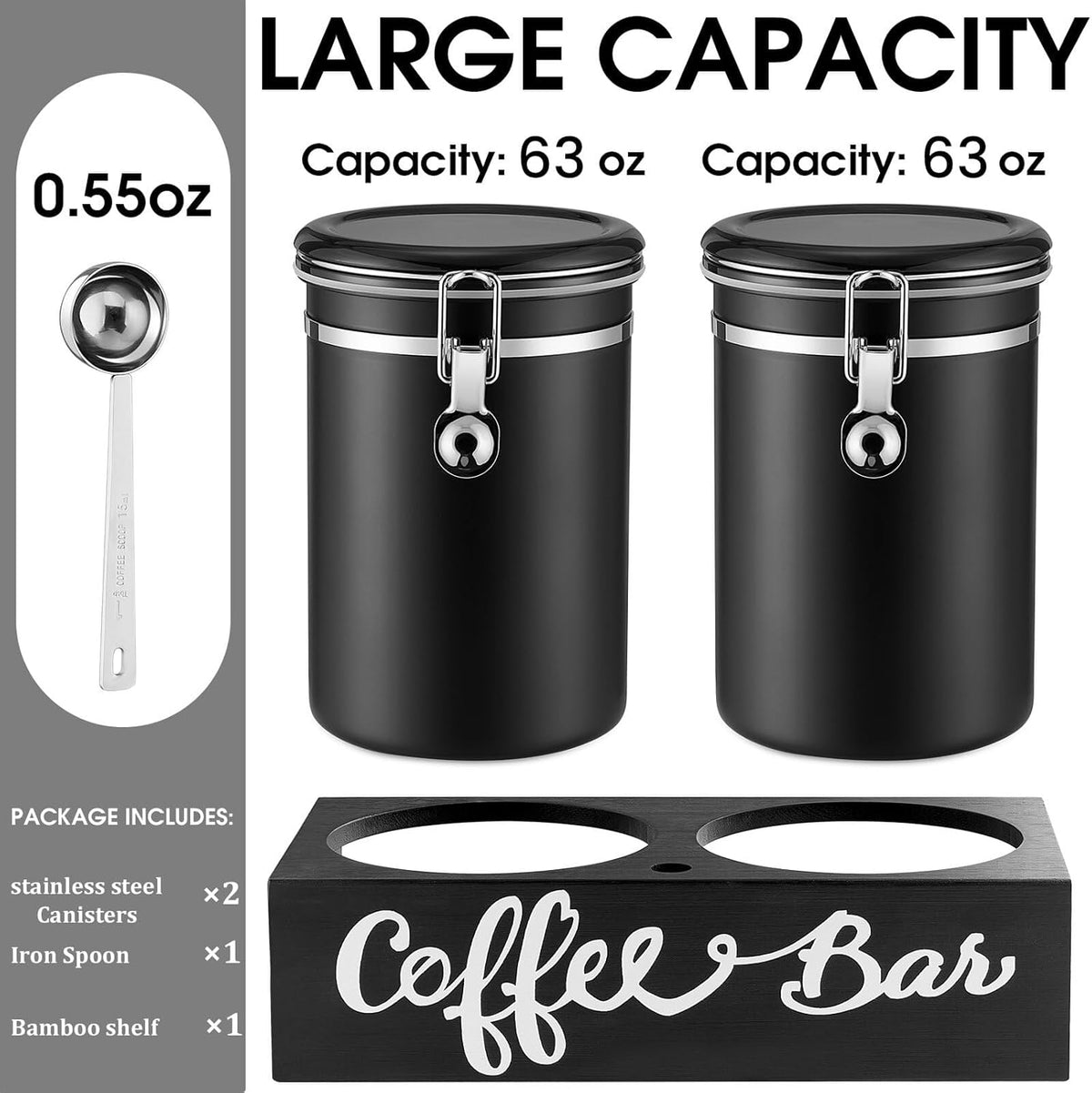Yangbaga 2 x 63OZ Stainless Steel Coffee Canisters with Handle Shelf, Airtight Locking Clamp &